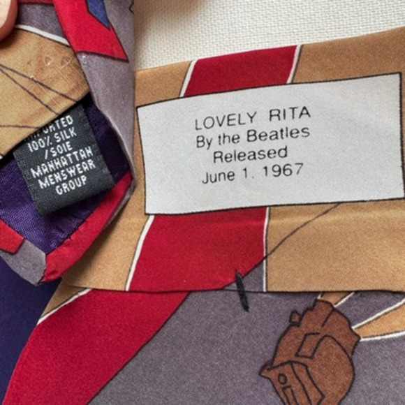 Vintage 1991 The Beatles Lovely Rita Meter Maid Silk Necktie Tie Red Gray USA - Picture 5 of 6